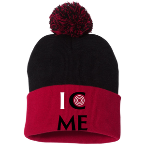 I C Me White/Black  Embroidered Pom Pom Knit Cap